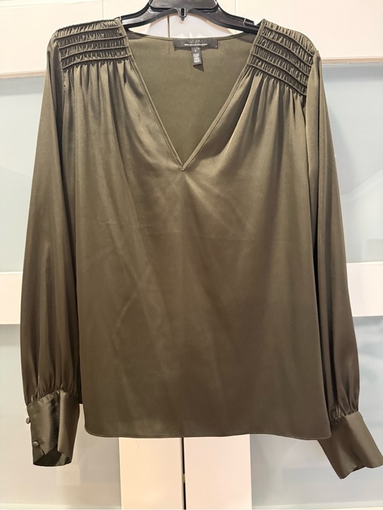 White House Black Market Tops - White House Black Market Olive Green V-Neck Smocked Shoulder Blouse Satin sz LG